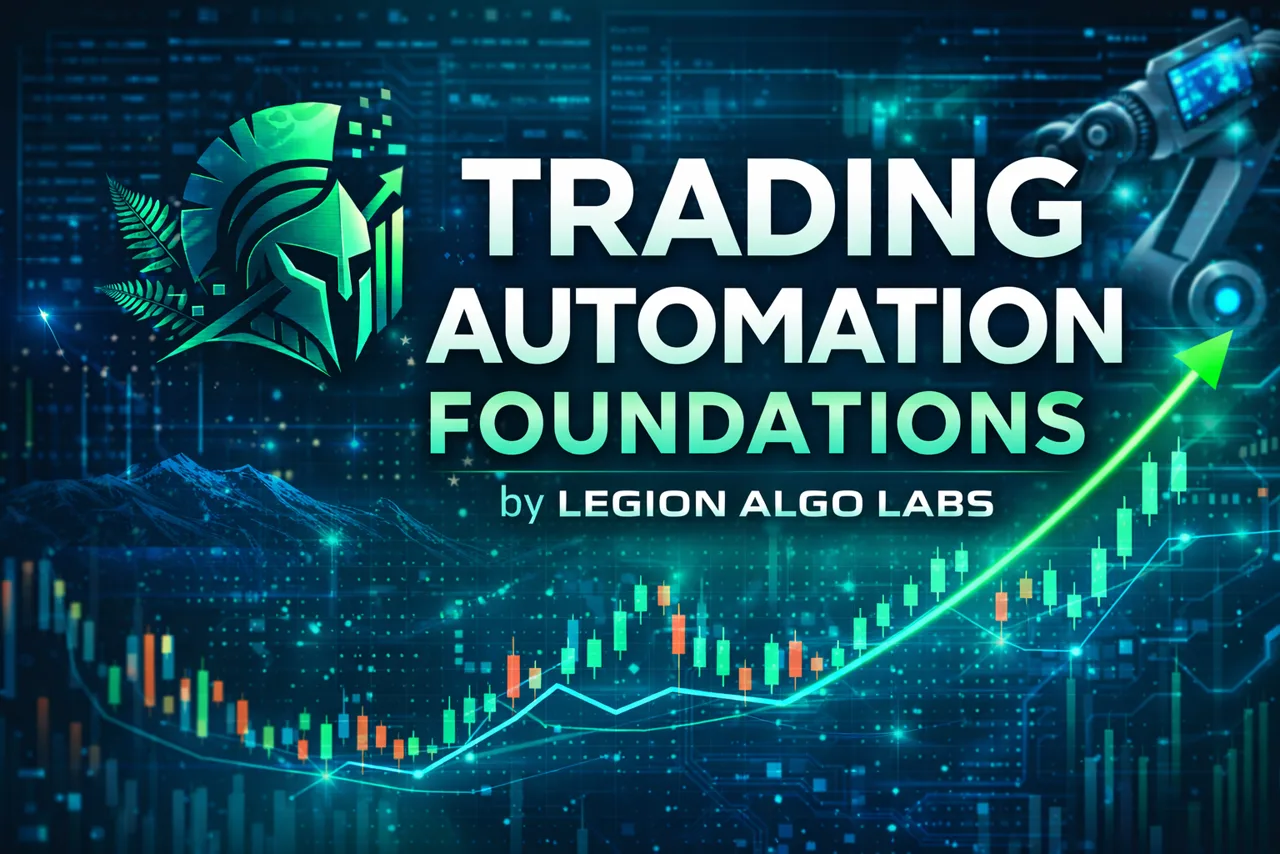Legion Algo Labs Trading Automation Foundations cover with conceptual system and historical chart artwork.