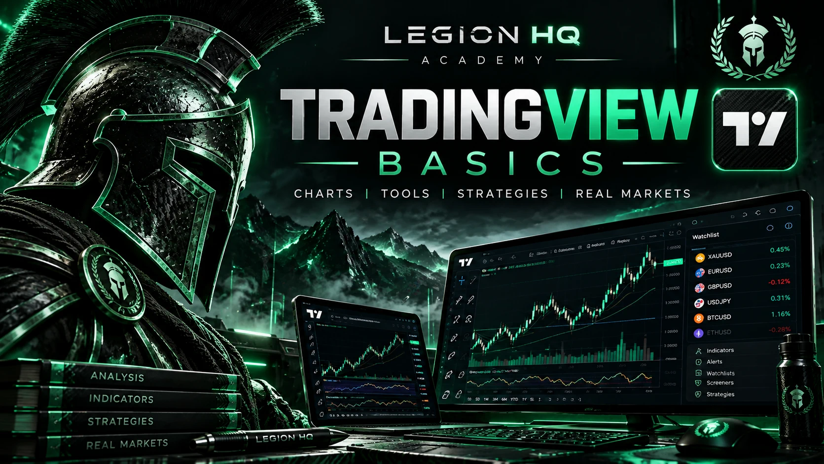 Legion HQ TradingView Basics course artwork with an illustrative chart interface; not a TradingView screenshot or trading signal.