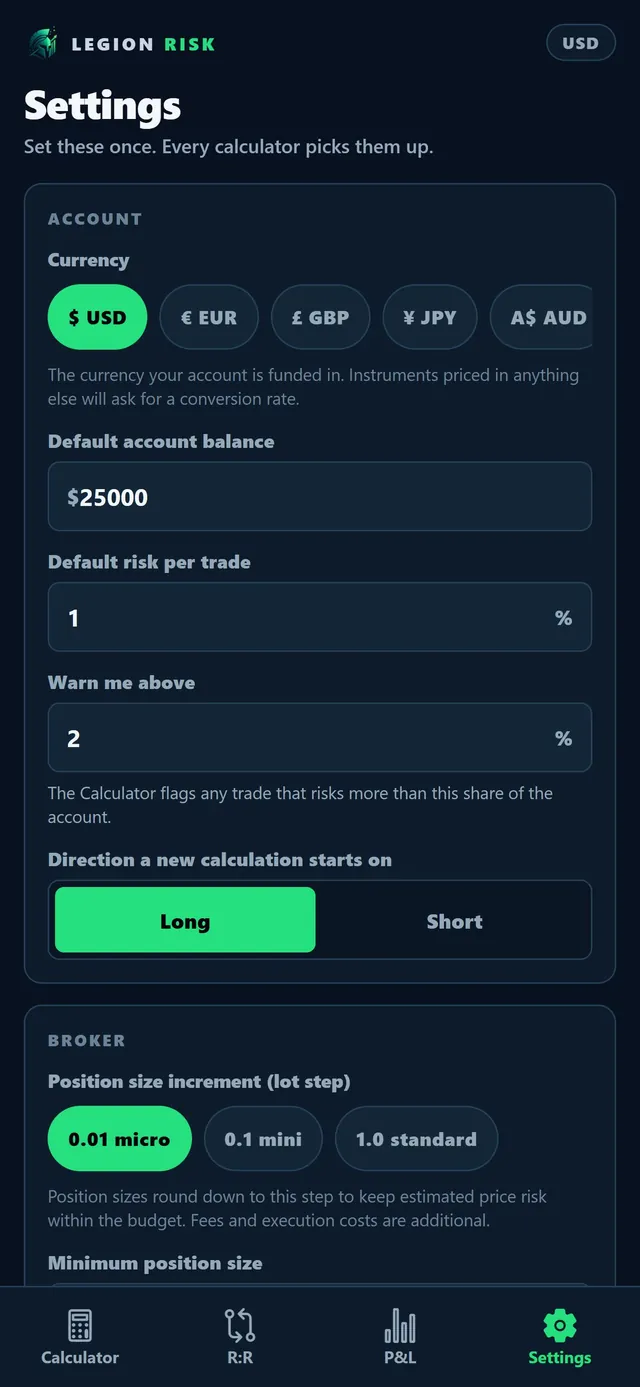Settings for account currency, default balance, default risk per trade and position size increment