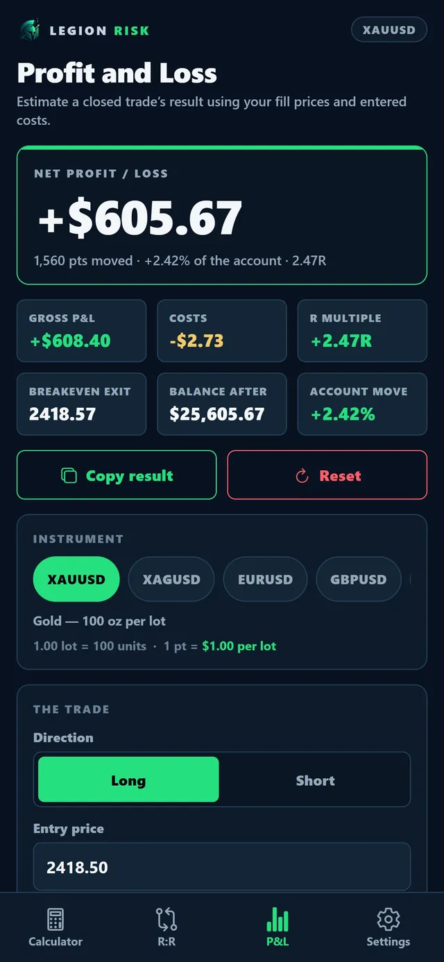Profit and loss screen showing net result, costs, R multiple and balance after an example closed trade