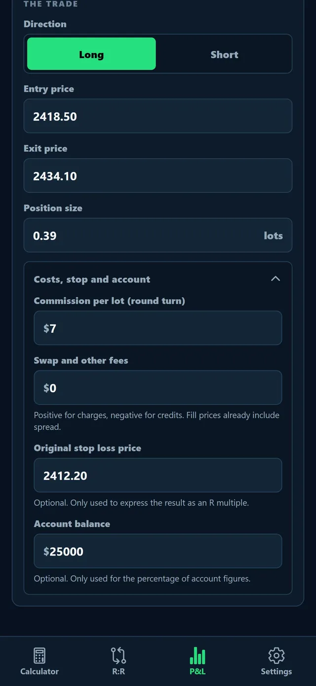 Trade inputs for direction, entry, exit and position size, with commission and swap fields