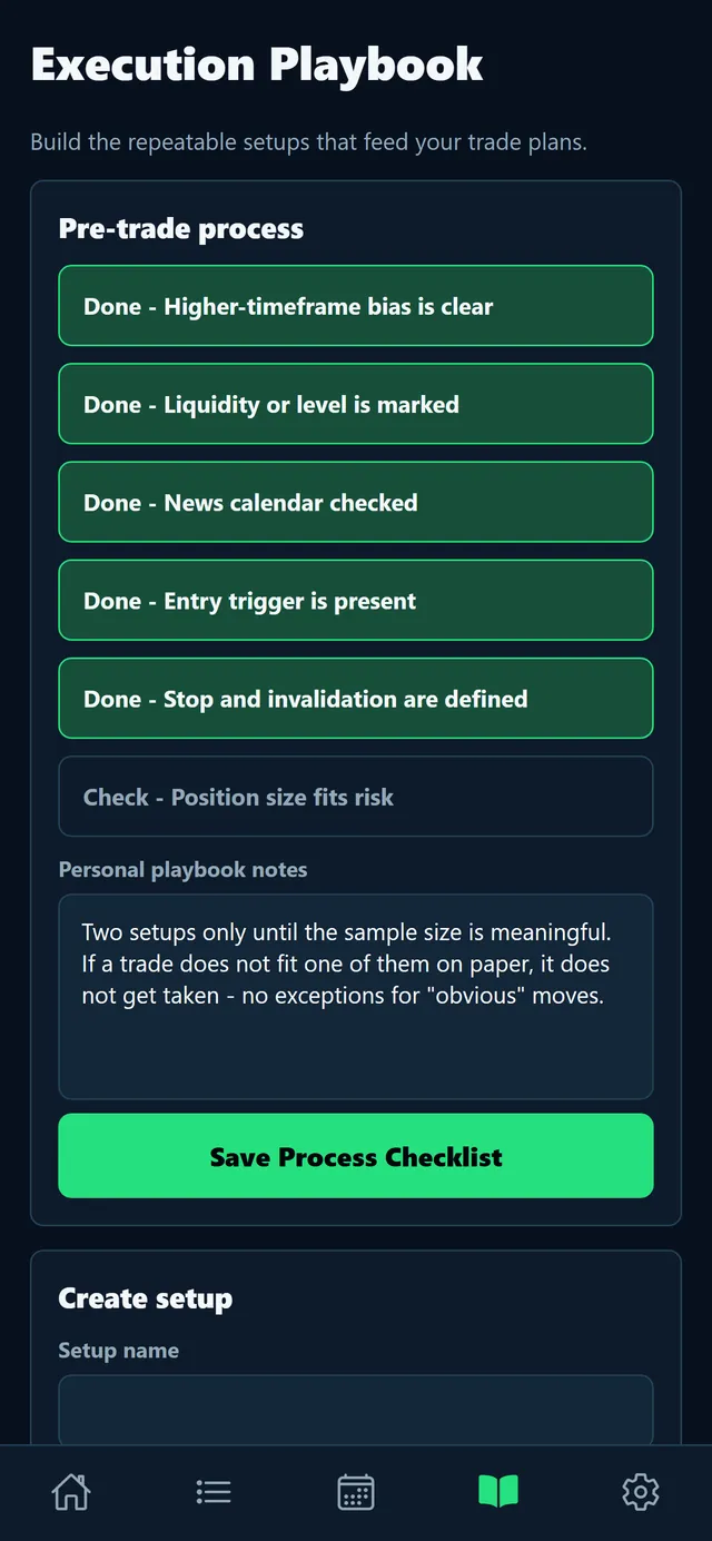 Execution playbook with a pre-trade checklist, such as checking the news calendar and defining the stop