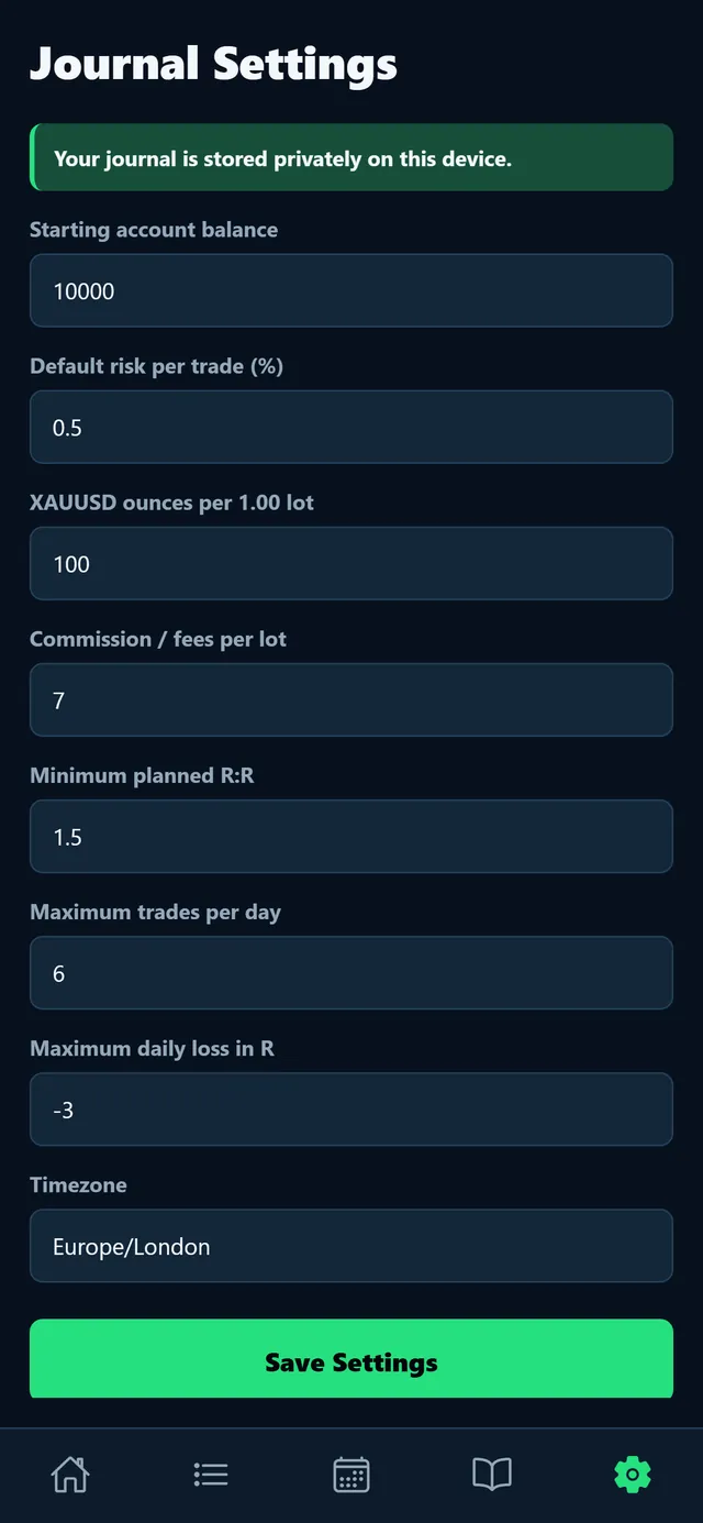 Journal settings for starting balance, default risk, commissions and daily limits, noting that the journal is stored on the device