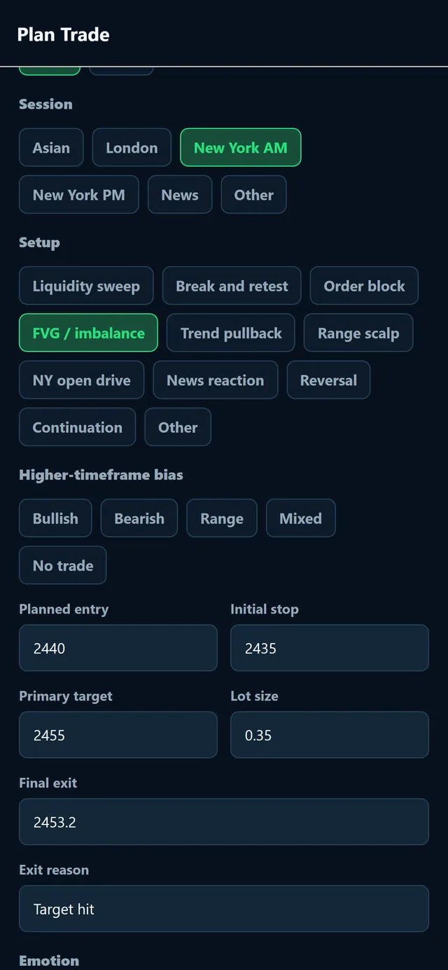 Plan Trade screen with session, setup, higher-timeframe bias, entry, stop, target and lot size fields