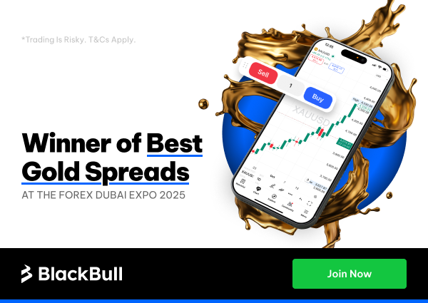 BlackBull promotional banner: Winner of Best Gold Spreads at the Forex Dubai Expo 2025